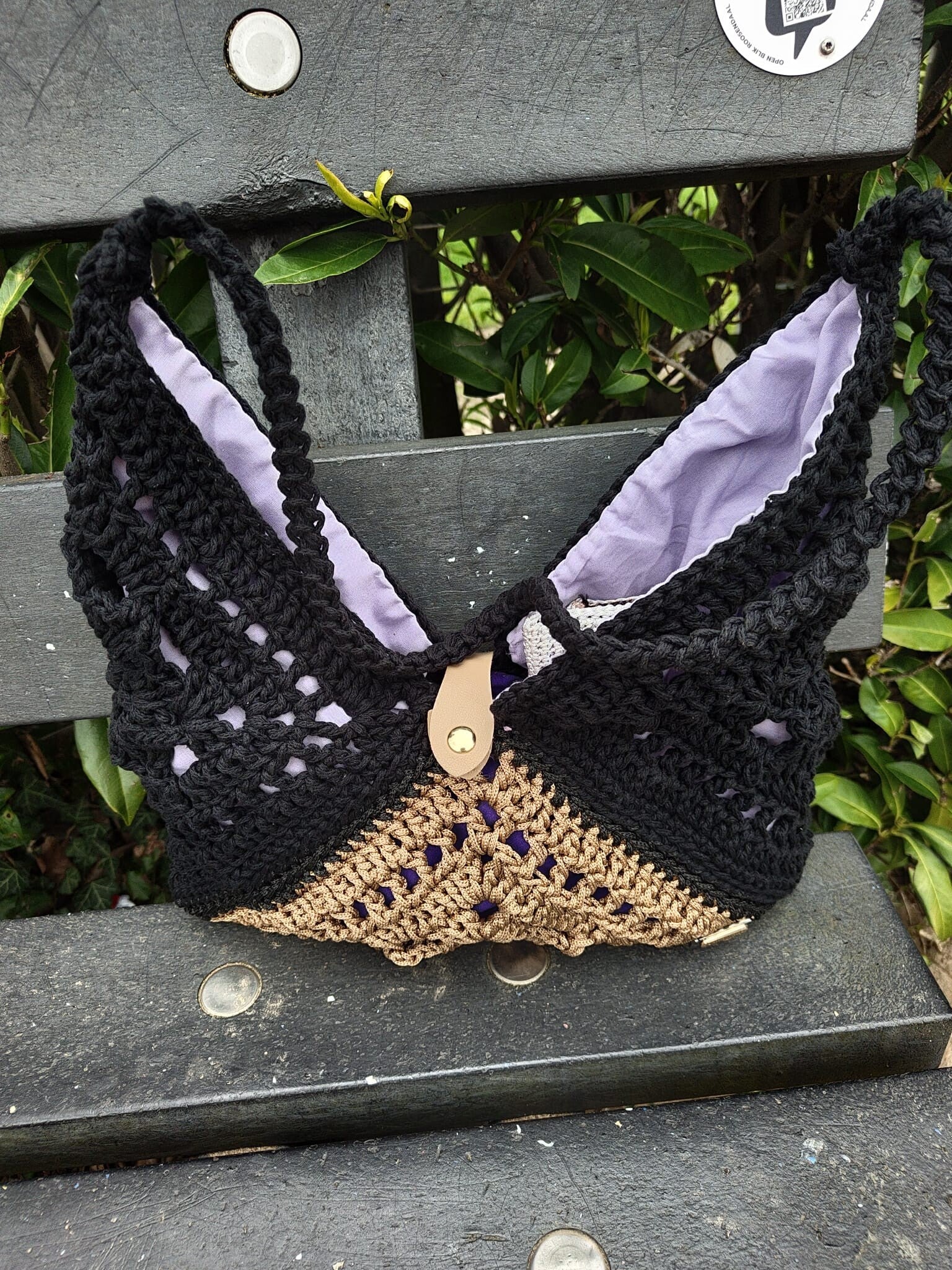 Handmade Granny Square Crochet Bag – Black, Caramel & Purple