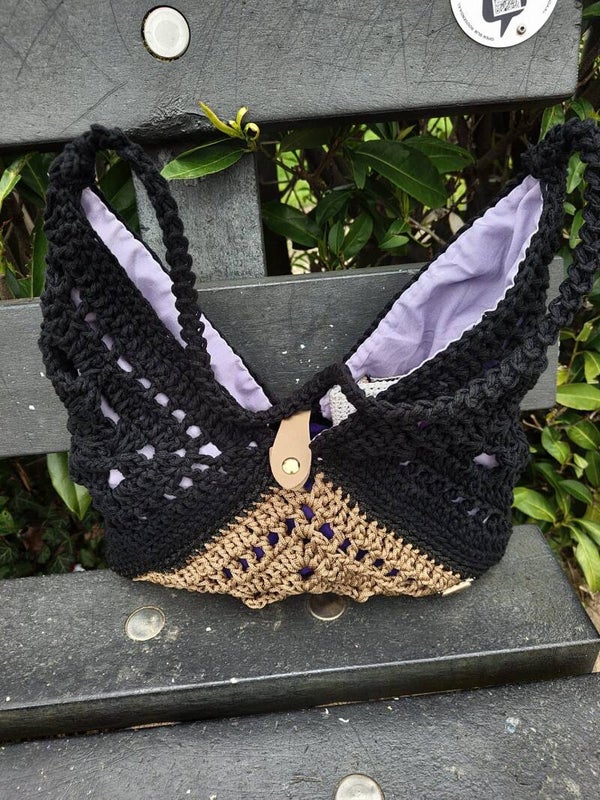 Handmade Granny Square Crochet Bag – Black, Caramel & Purple