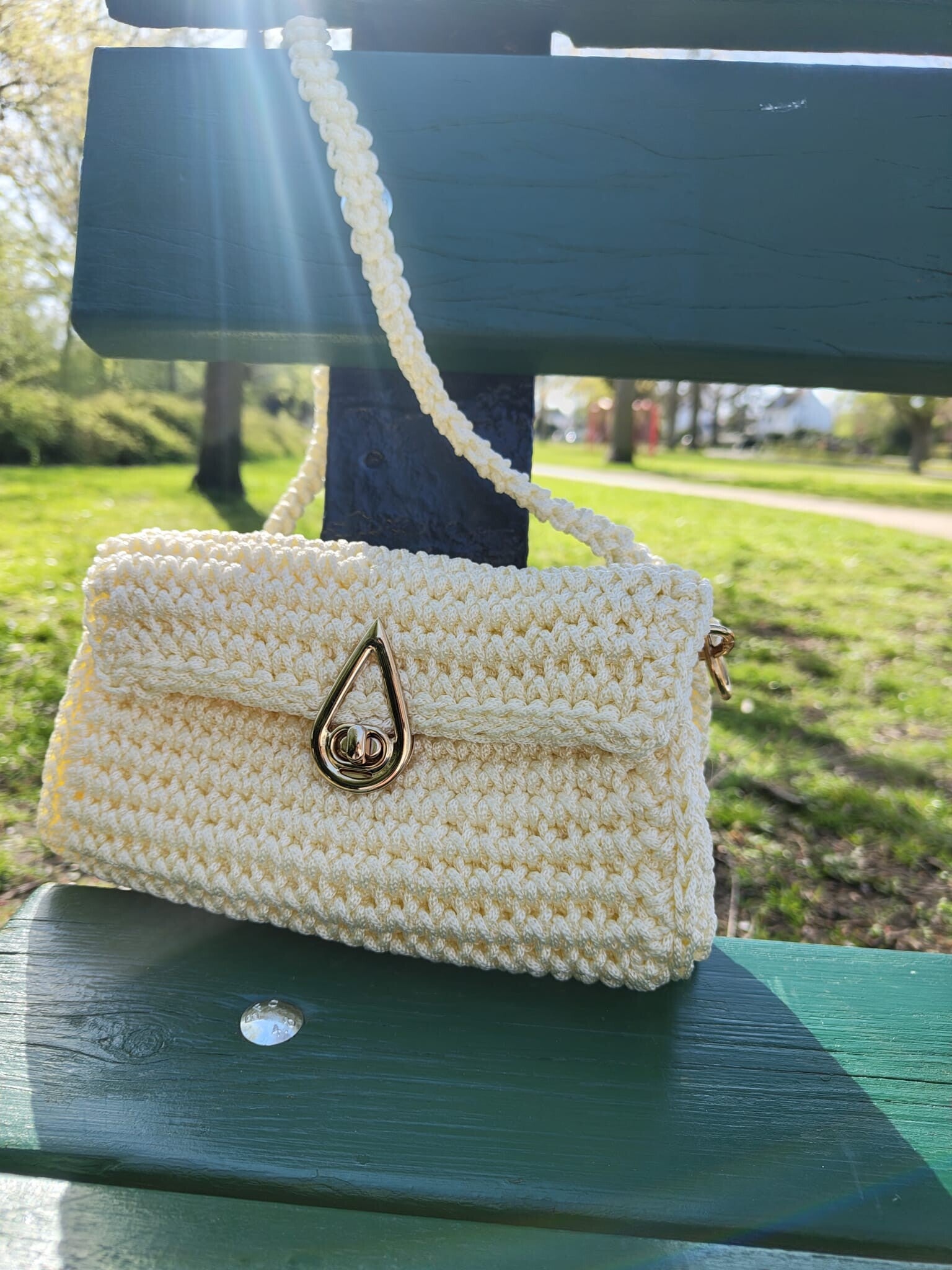 Handmade White Crochet Shoulder Bag with Silk Lining