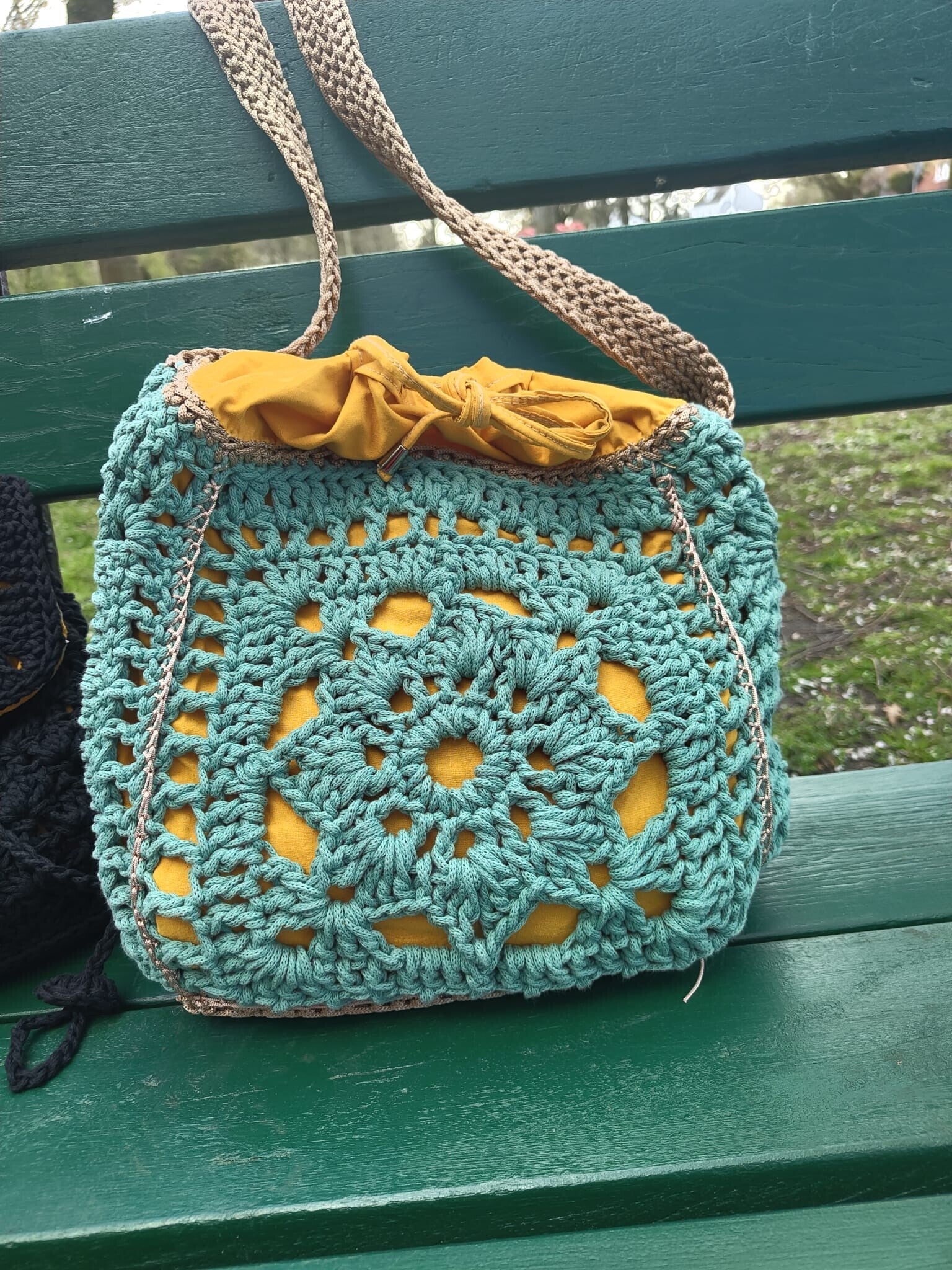 Handmade Cubic Granny Square Crochet Bag – Turquoise, Caramel & Mustard
