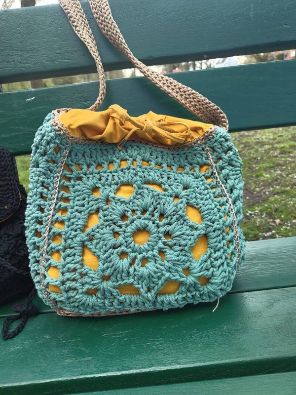 Handmade Cubic Granny Square Crochet Bag – Turquoise, Caramel & Mustard