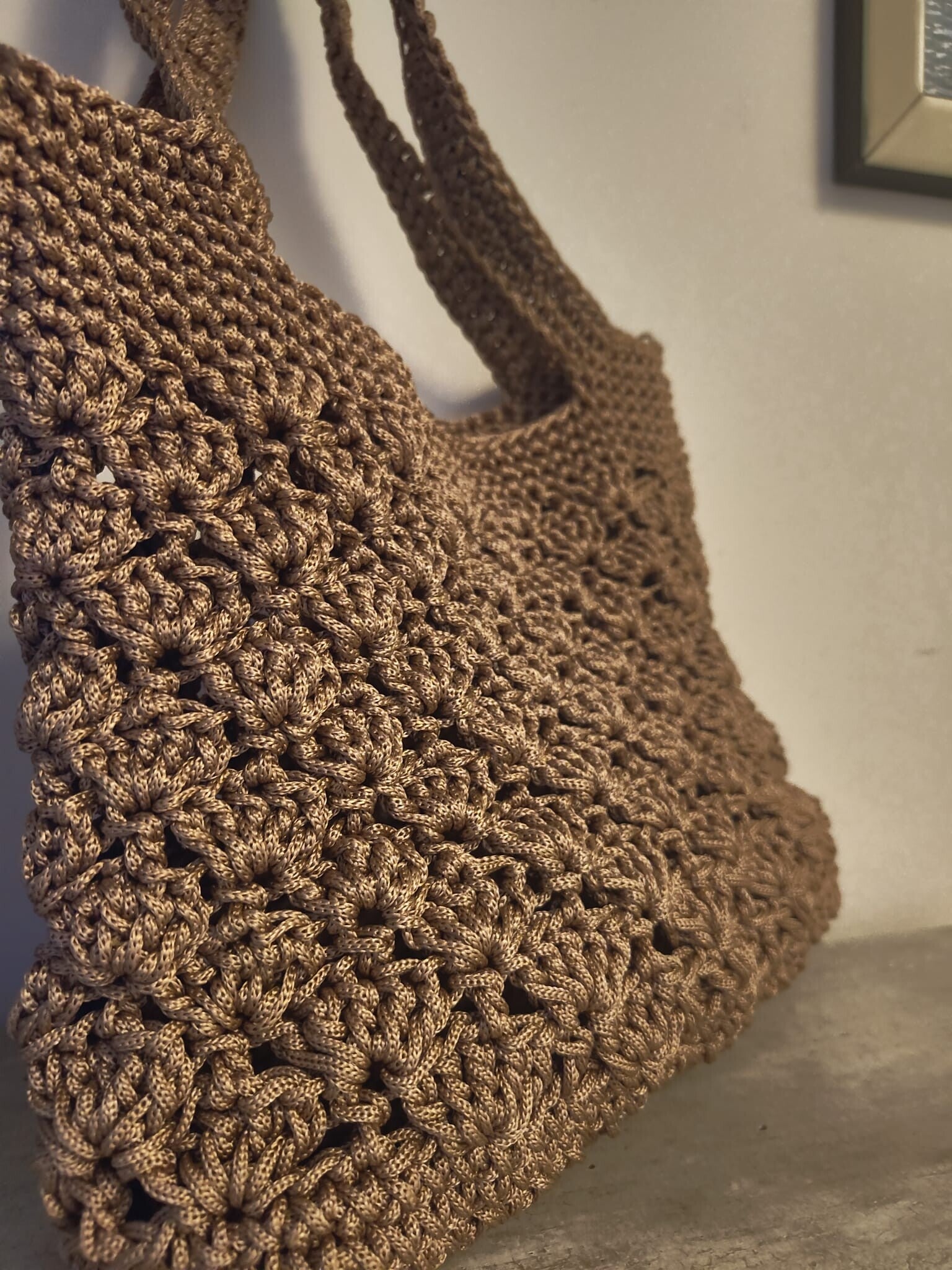 Handmade Crochet Beach Bag – Seashell Pattern in Caramel