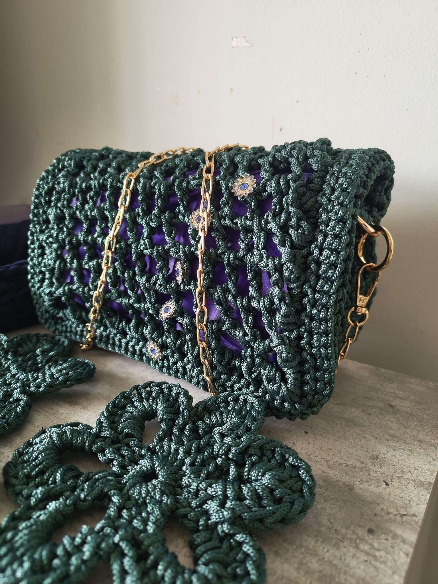 Handmade Green Crochet Crossbody Bag with Purple Lining
