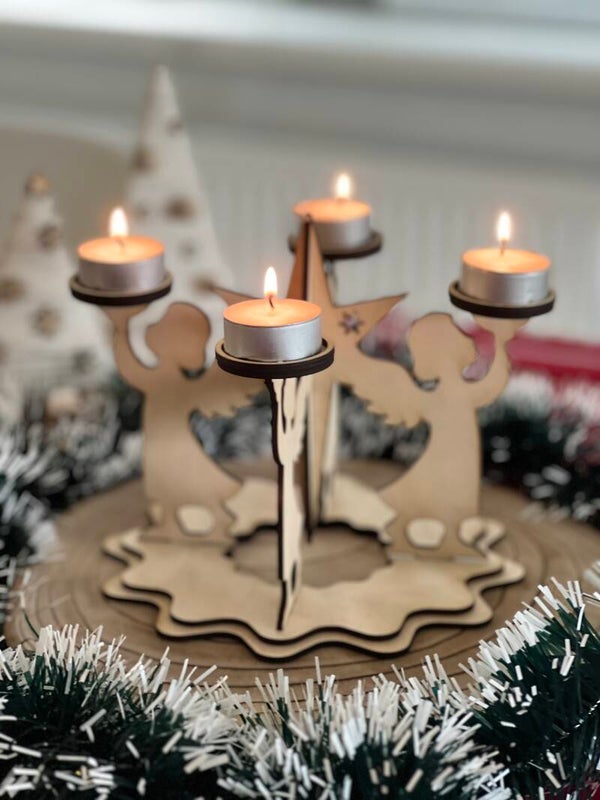 Houten theelichthouder – Engeltjes met ster