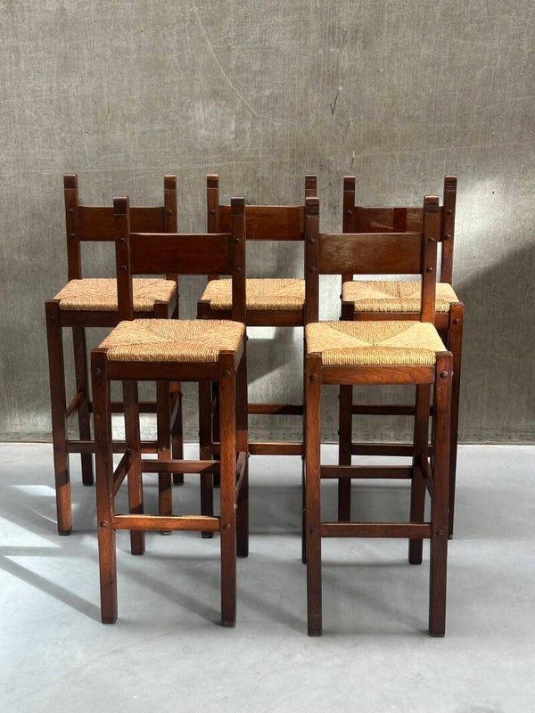 5x Vintage brutalistische barkrukken met biezen zitting | Jaren '70