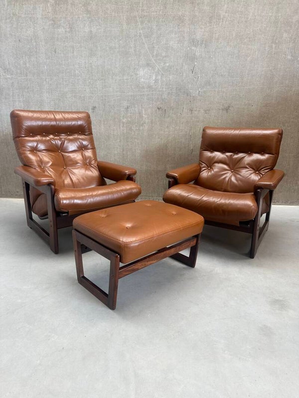 Cognac lederen mid-century heren,- dames fauteuil met voetenbank | Coja jaren '70