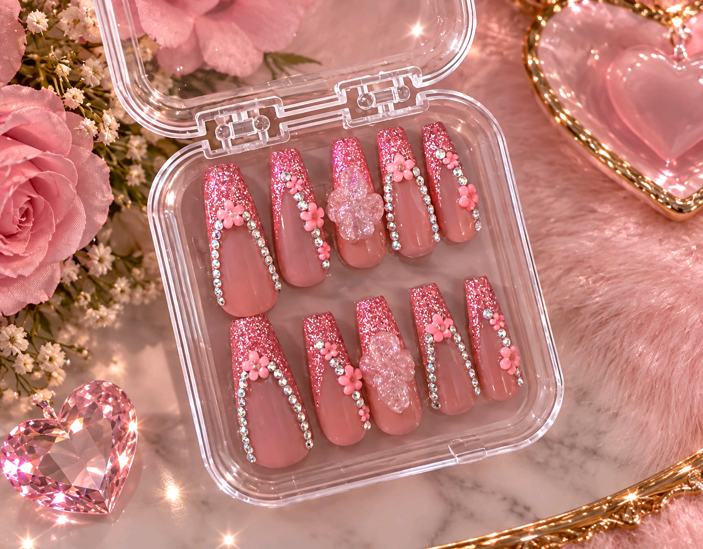 Pink Flower Rhinestones Coffin Press-Ons