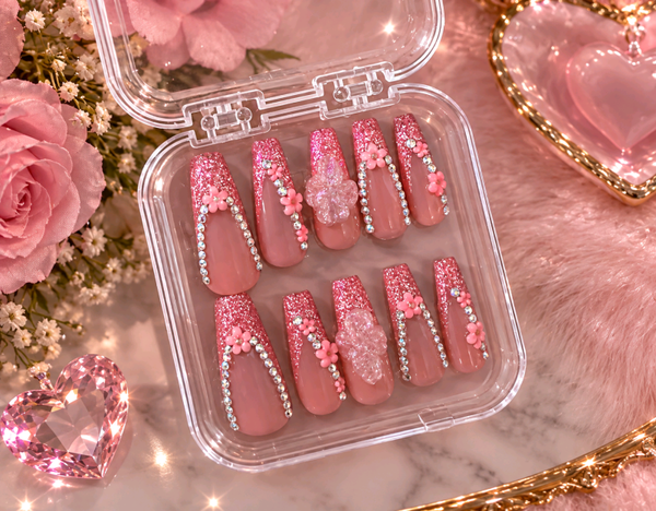 Pink Flower Rhinestones Coffin Press-Ons