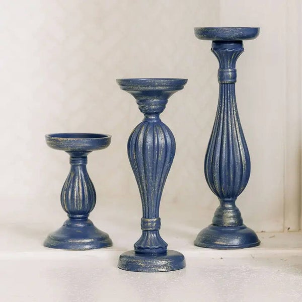 TRIO DE BOUGEOIRES BLEU EN BOIS POUR PILIER 2 OU 3 POUCES