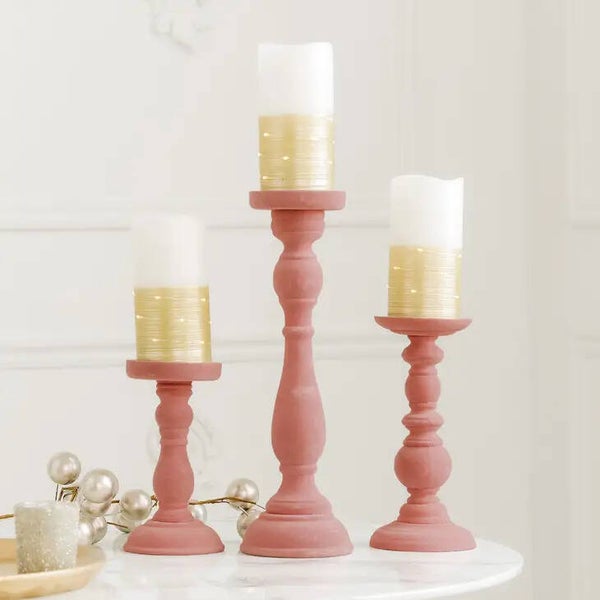 TRIO DE BOUGEOIRES ROSE EN BOIS POUR PILIER 2 OU 3 POUCES