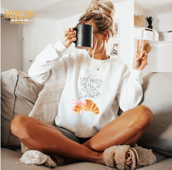 But first Coffee sweater met croissant