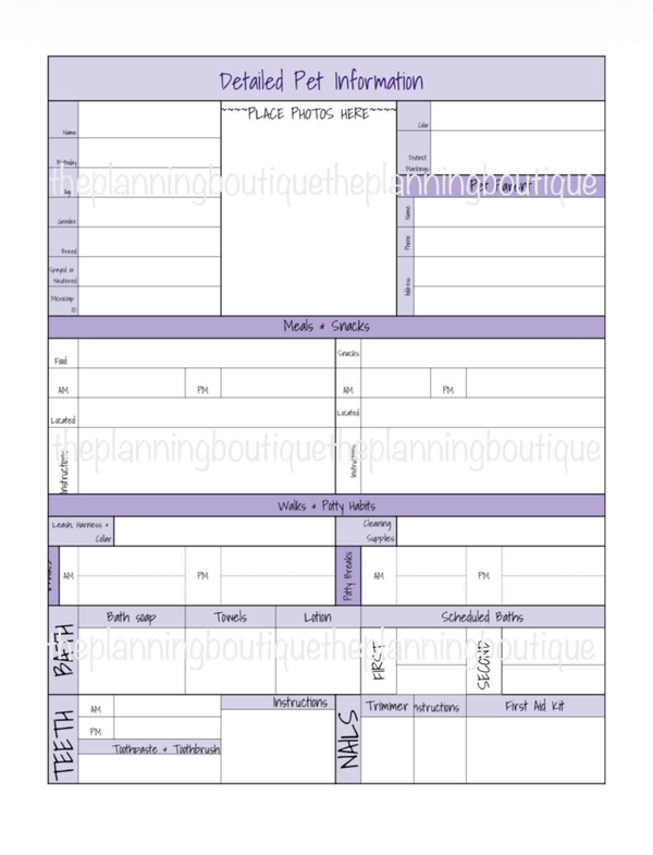 Detailed Pet Information Sheet