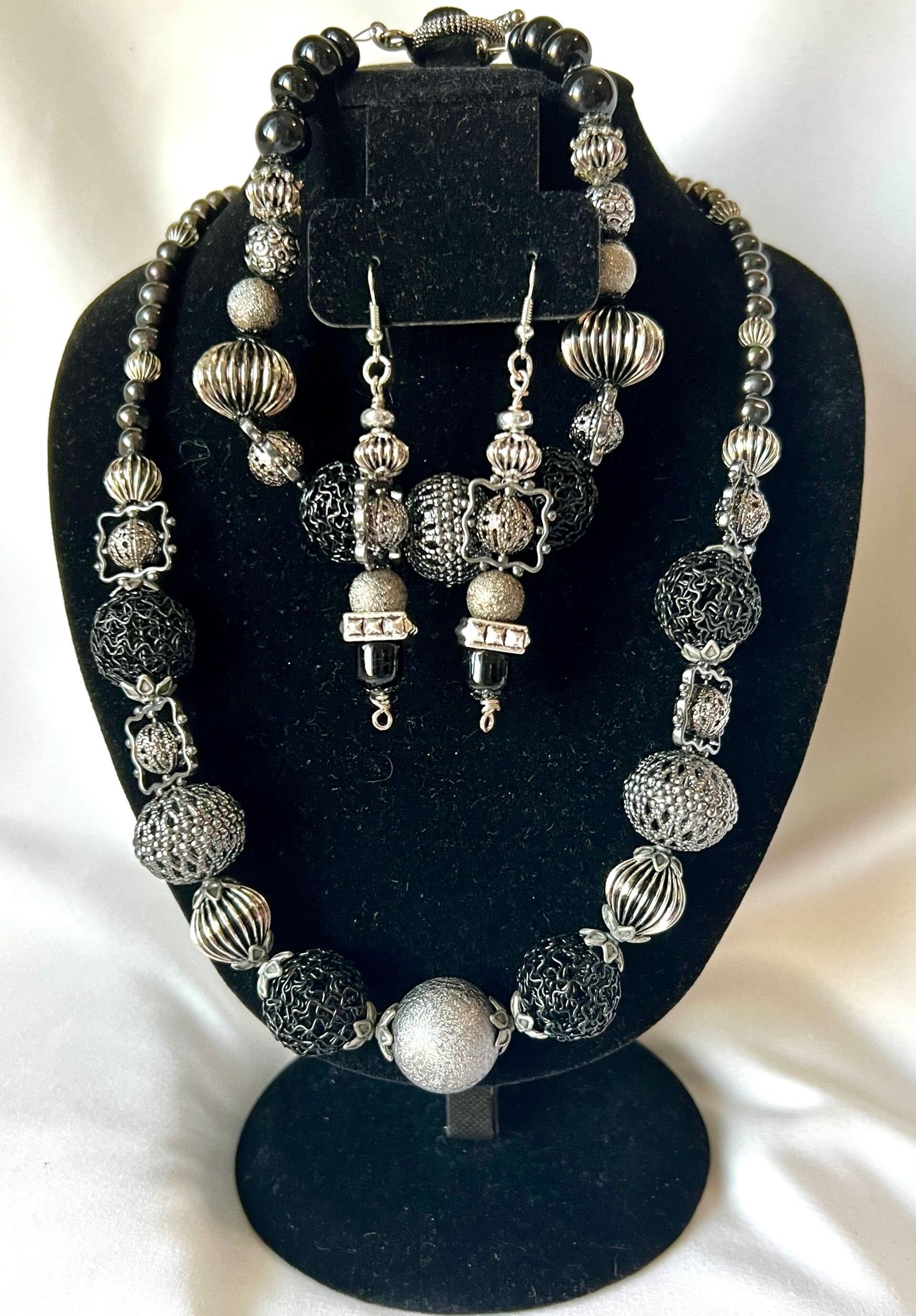 Jet Black & Silver Crystal Bead Jewelry Set