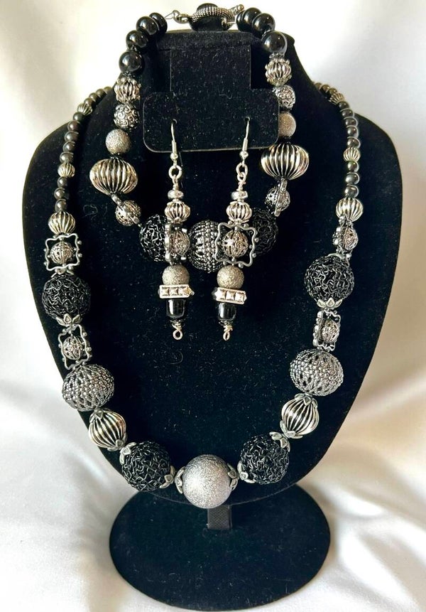 Jet Black & Silver Crystal Bead Jewelry Set