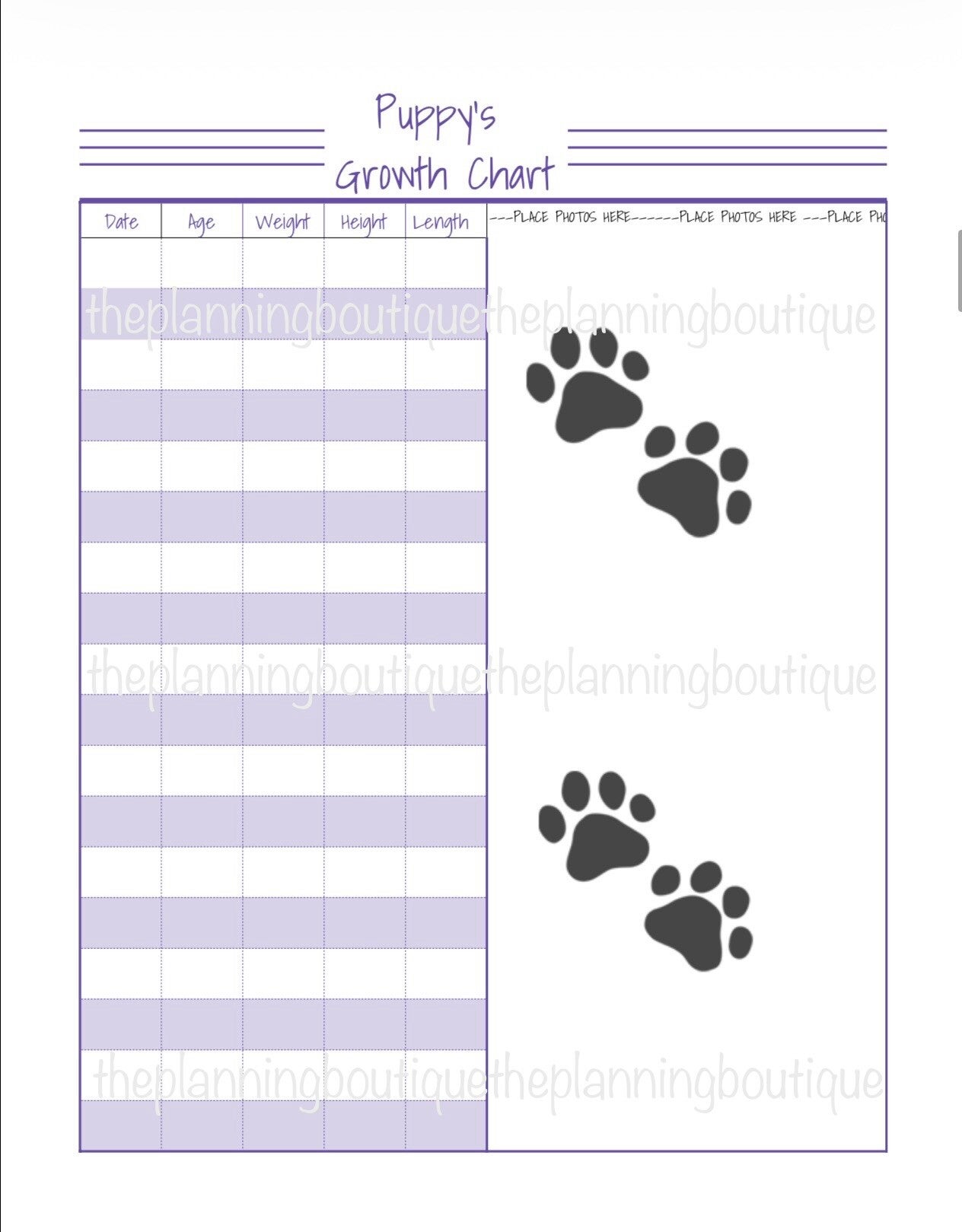 Puppy Growth Chart Sheet