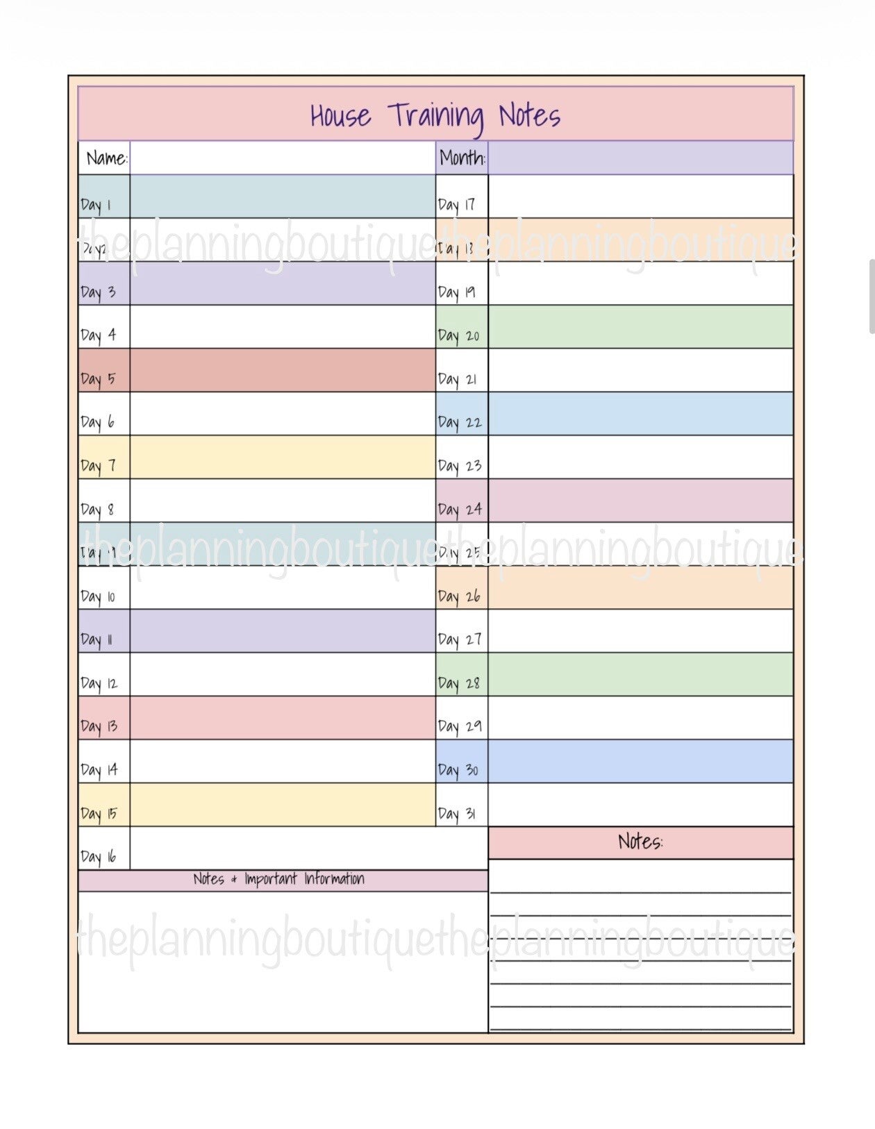 Puppy House Training Notes and Chart Sheet