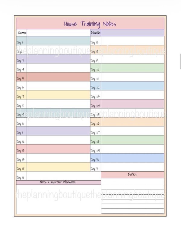Puppy House Training Notes and Chart Sheet