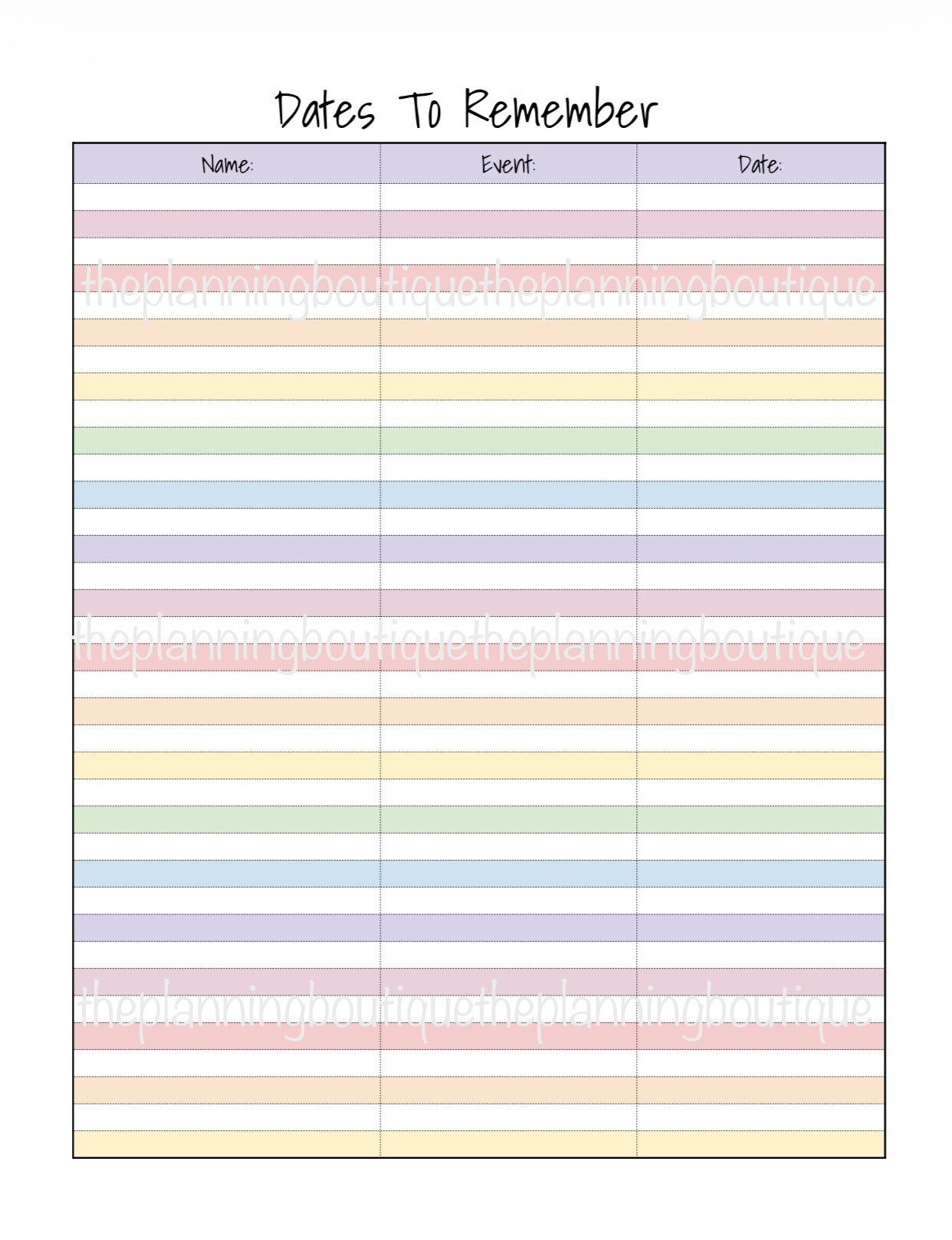 Dates To Remember Sheet