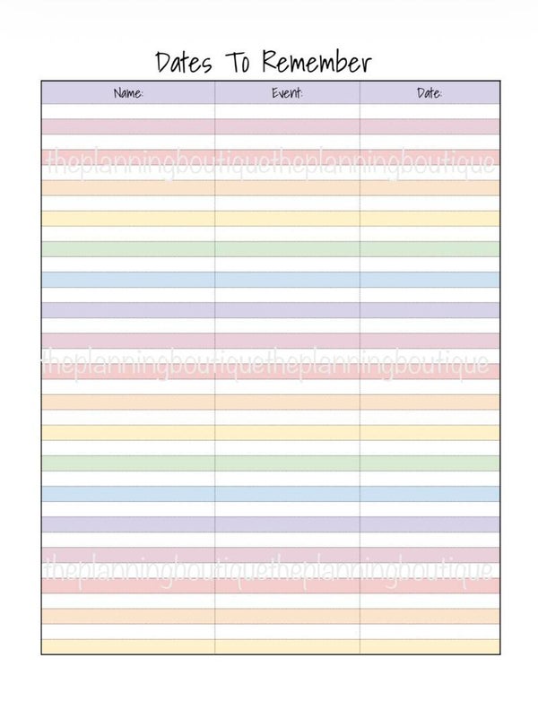 Dates To Remember Sheet