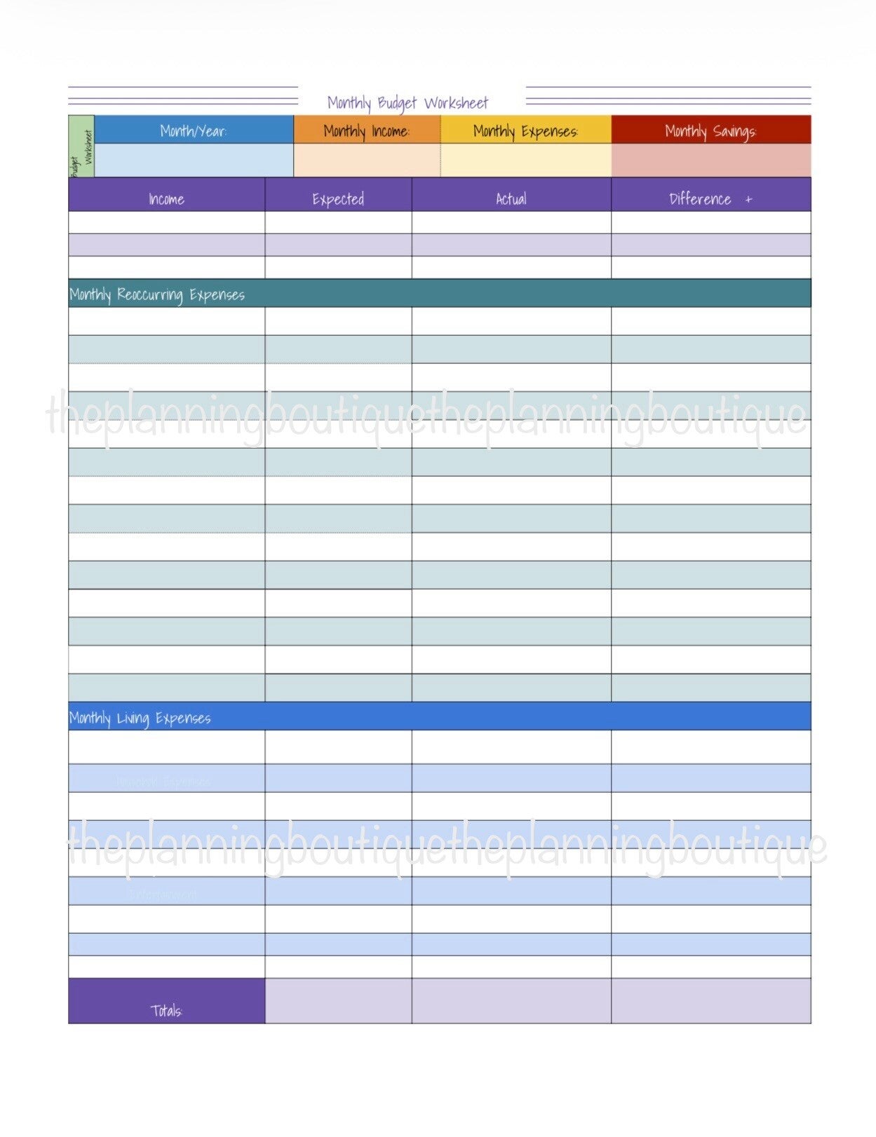 Monthly Budget Worksheet Page