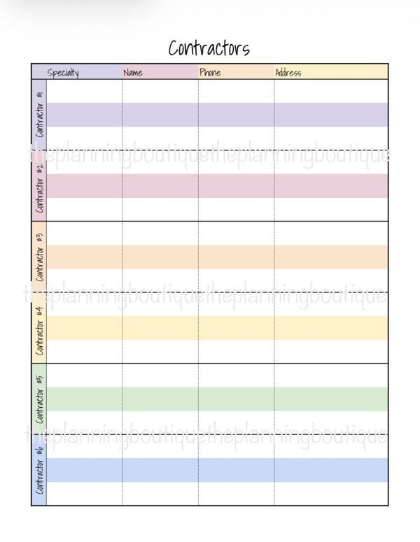 Contractors Contact Sheet
