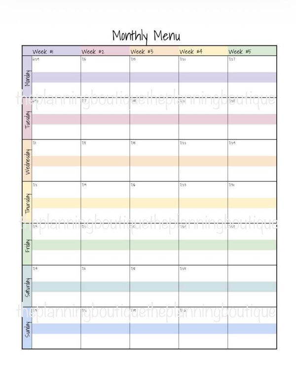 Monthly Menu Sheet