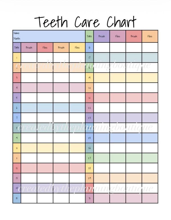 Monthly Teeth Care Chart Sheet