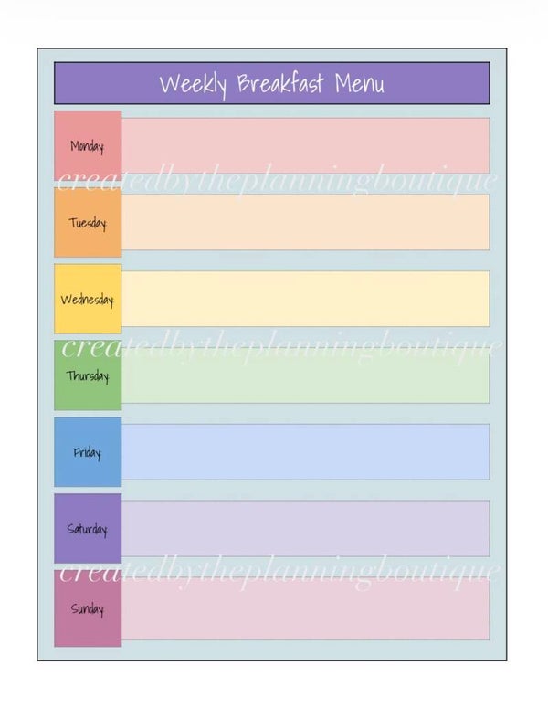 Weekly Breakfast Menu Sheet