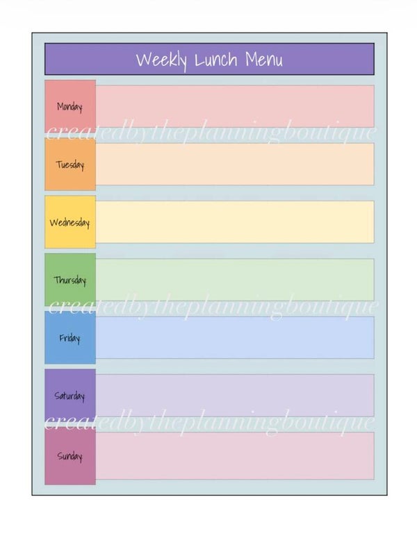 Weekly Lunch Menu Sheet