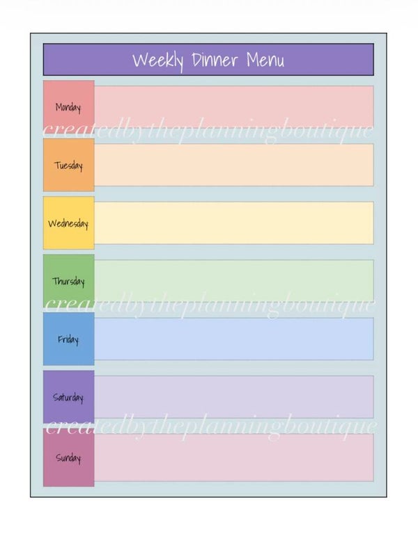 Weekly Dinner Menu Sheet