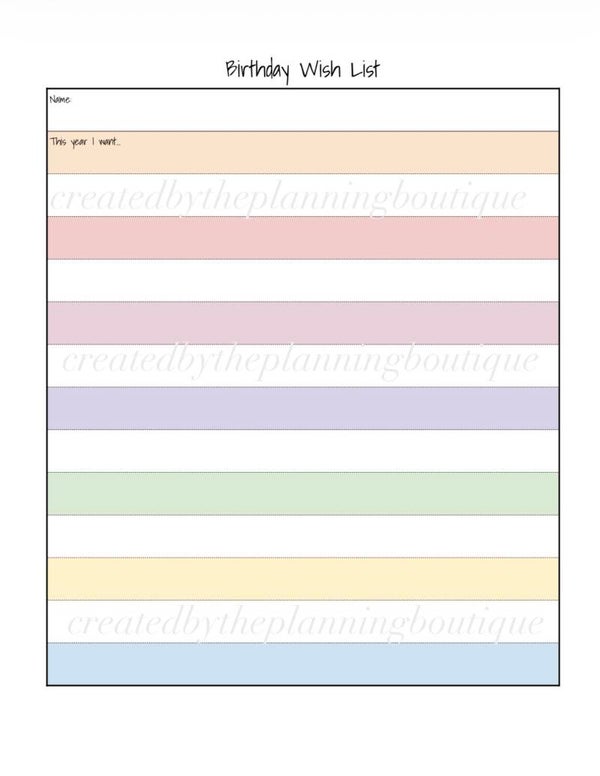 Birthday Wish List Sheet