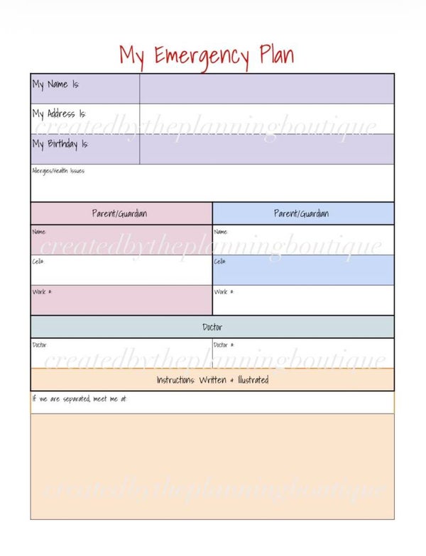 My Emergency Plan Sheet- Child’s