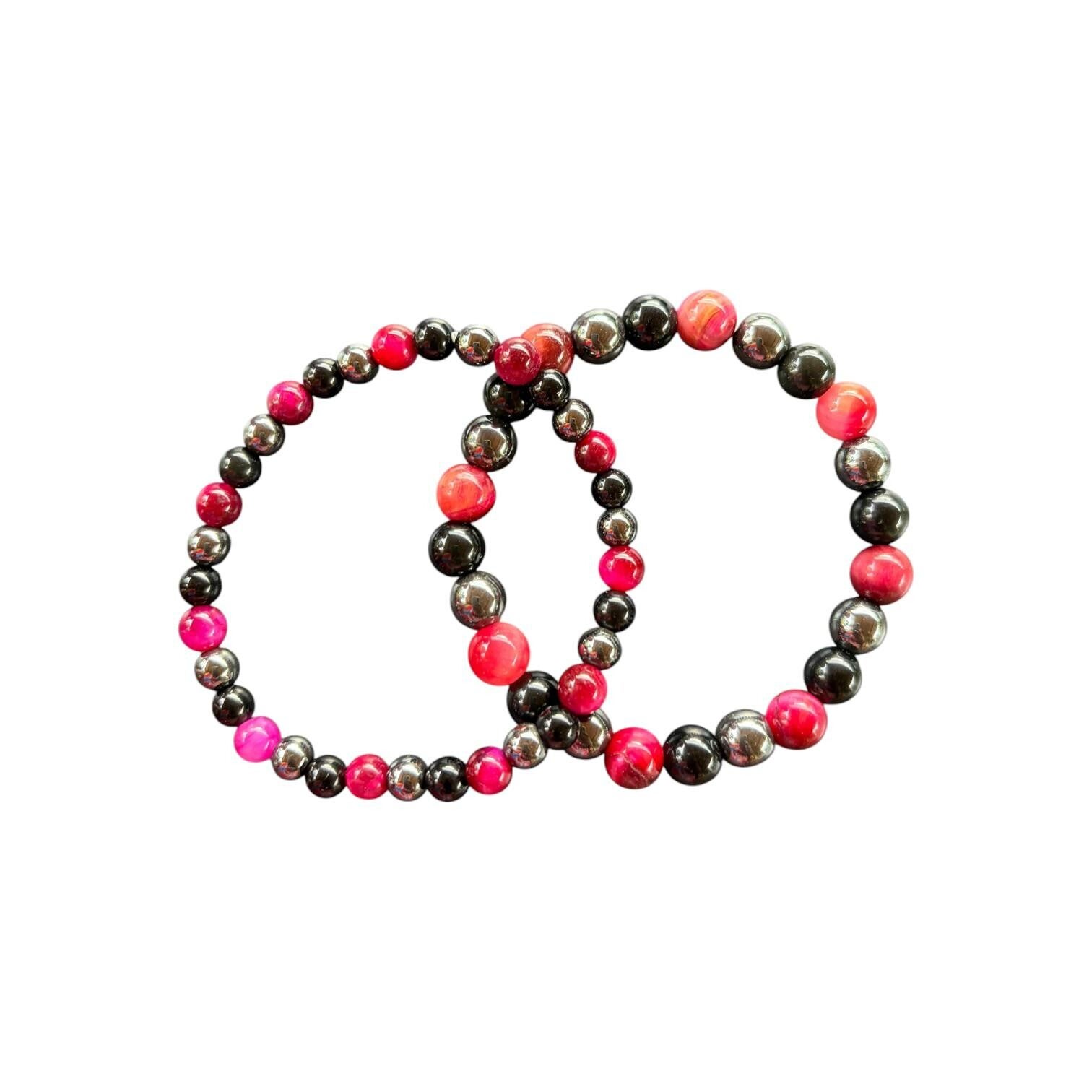 Bracelet Hématite + Obsidienne noire + Oeil de Tigre teinté rose