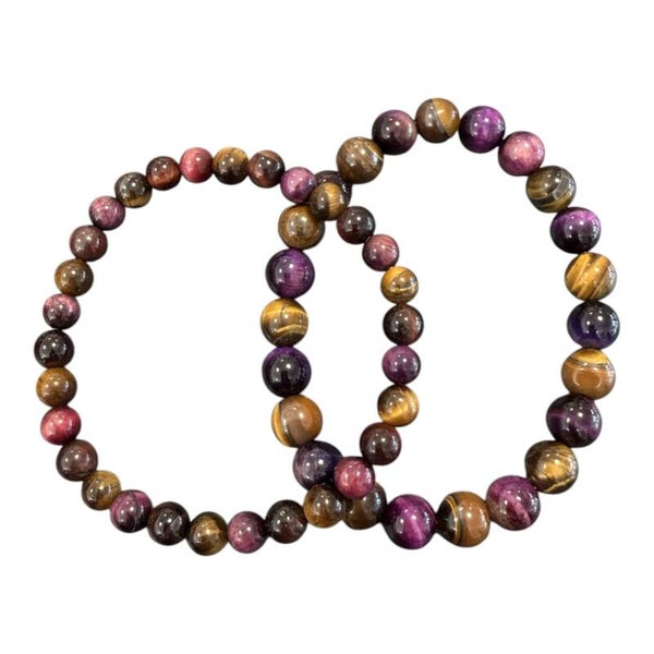 Bracelet Oeil de Bœuf + Oeil de Tigre + Oeil de Tigre teinté violet