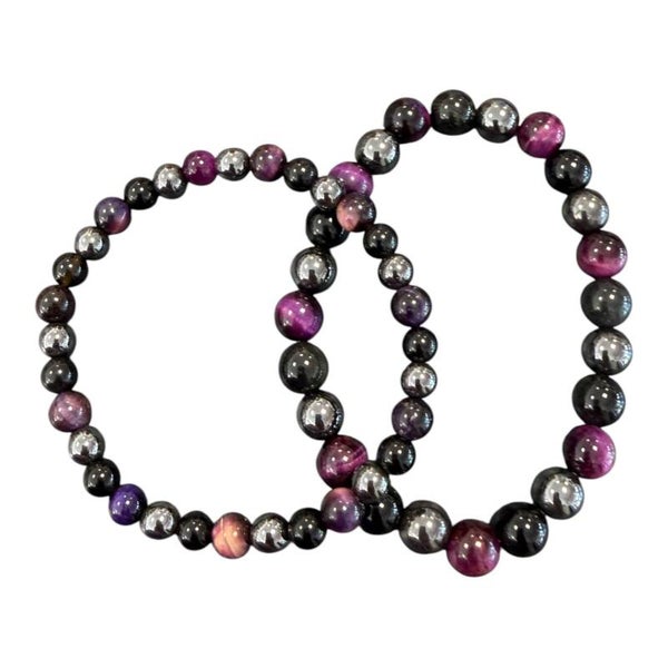 Bracelet Hématite + Obsidienne noire + Oeil de Tigre teinté violet