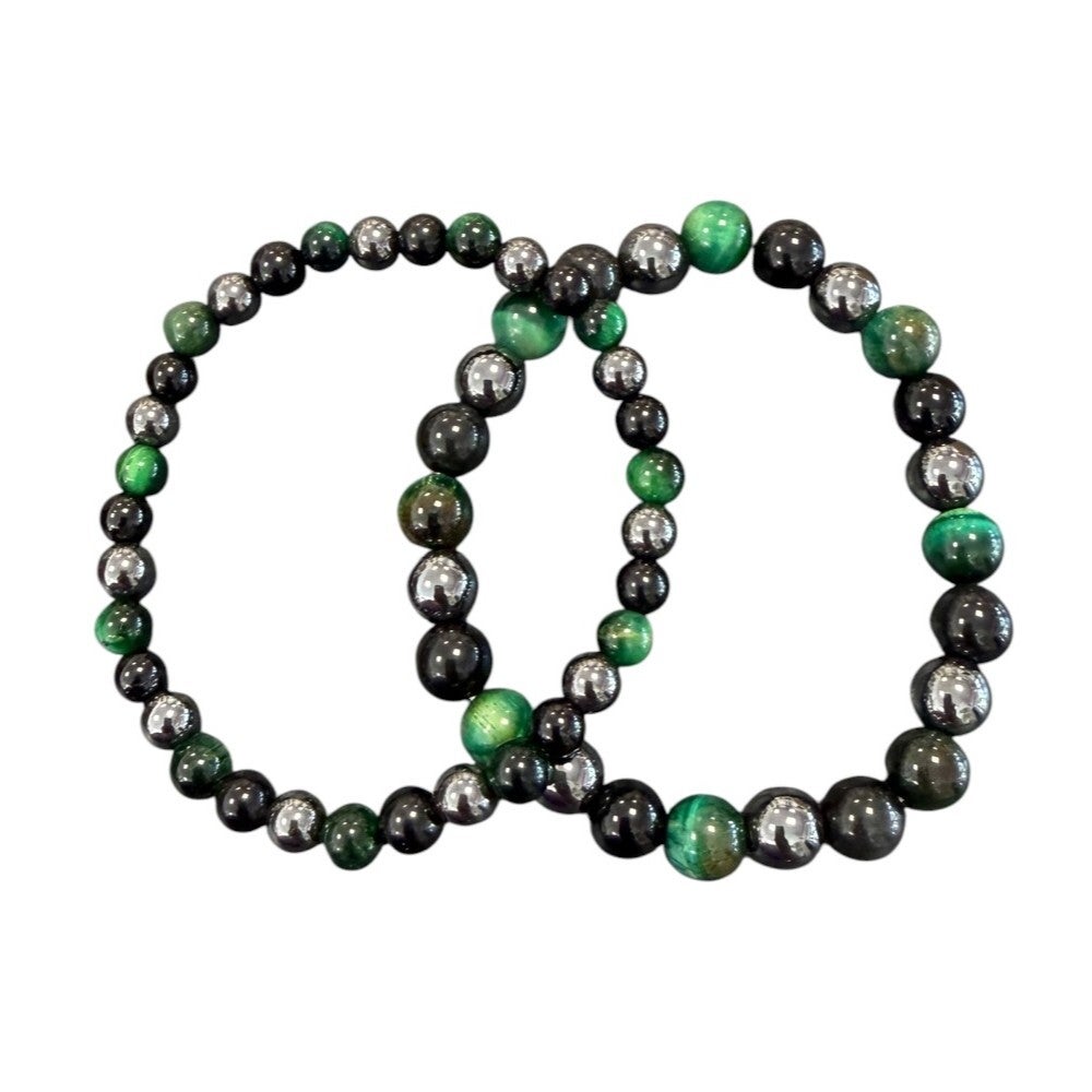 Bracelet Hématite + Obsidienne noire + Oeil de Tigre teinté vert