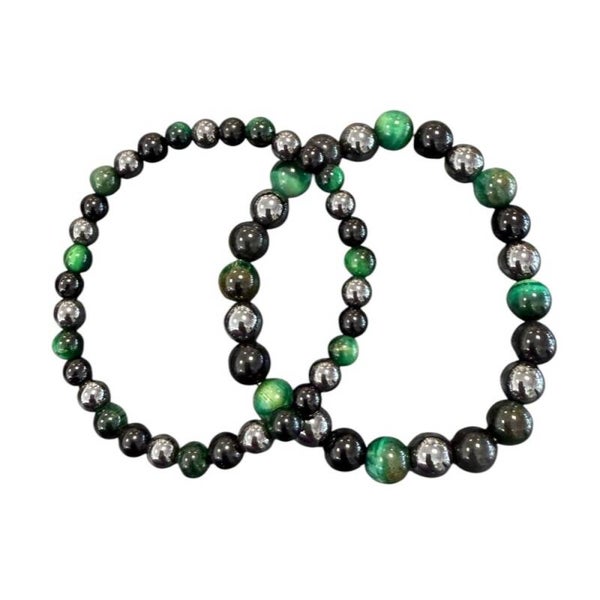 Bracelet Hématite + Obsidienne noire + Oeil de Tigre teinté vert