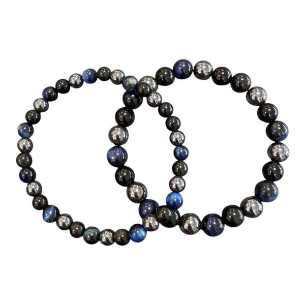 Bracelet Hématite + Obsidienne noire + Oeil de Tigre teinté bleu