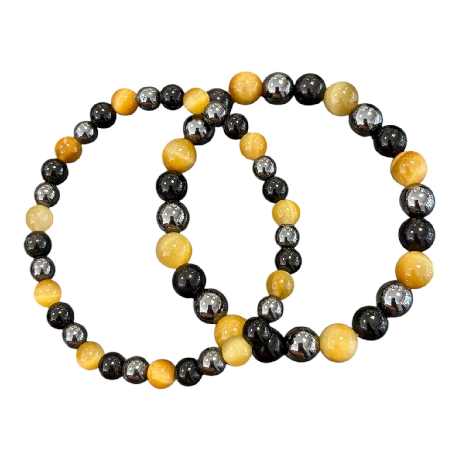 Bracelet Hématite + Obsidienne noire + Oeil de Tigre teinté doré