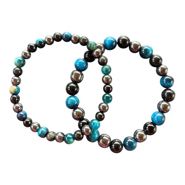 Bracelet Hématite + Obsidienne noire + Oeil de Tigre teinté turquoise