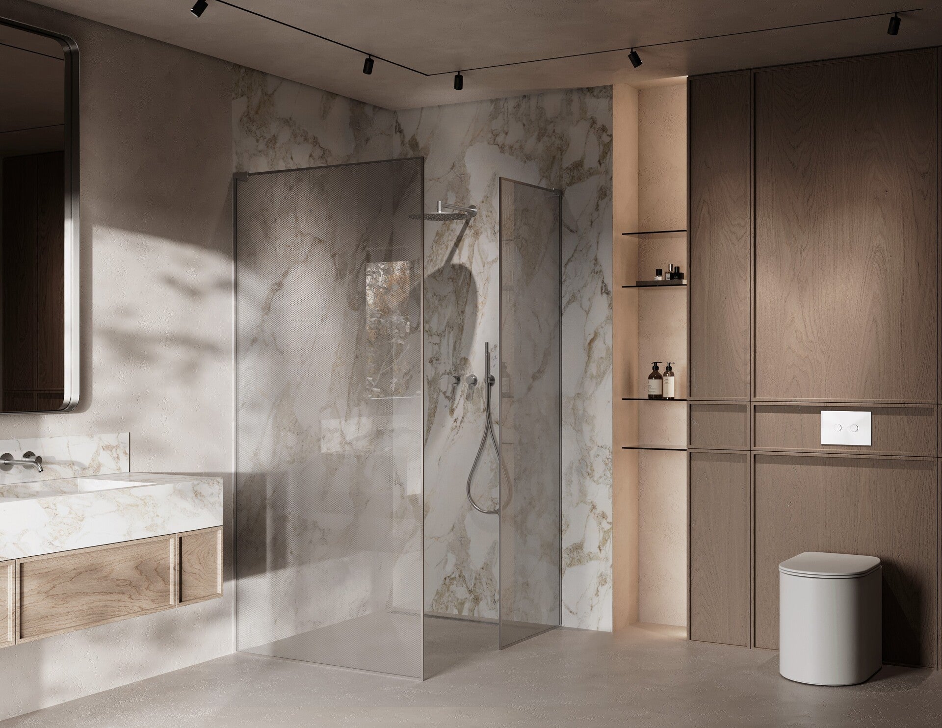 NEUE! Maßgeschneiderte Duschkabine Walk-in mit dekoratives Stahlgitter zwischen den Scheiben