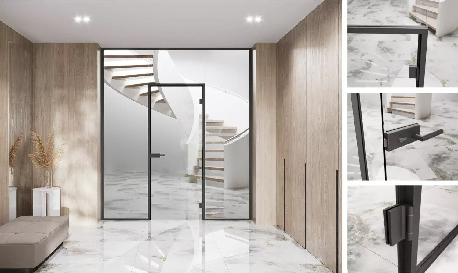 Maßgeschneiderte Glas/Holztür in Aluminiumrahmen mit kurzer Glaswand