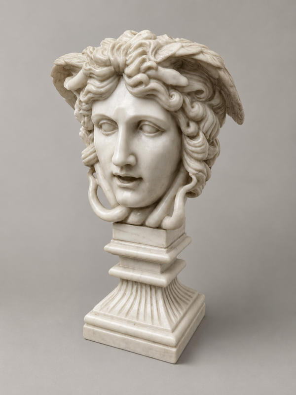 Importante tête de Méduse en marbre blanc de Carrare – Italie XXe – 60 cm
