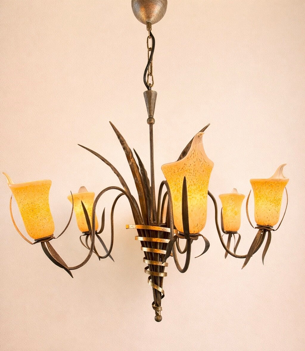 Ensemble de luminaires italiens MASCA – Lustre 5 feux & 4 appliques – Années 60