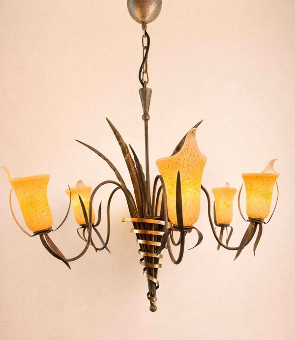 Ensemble de luminaires italiens MASCA – Lustre 5 feux & 4 appliques – Années 60