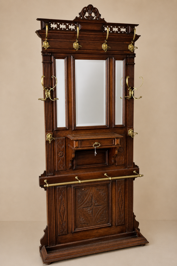 Grand vestiaire d’entrée Napoléon III à miroir et patères en laiton – 215 cm