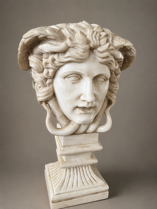 Importante tête de Méduse en marbre blanc de Carrare – Italie XXe – 60 cm