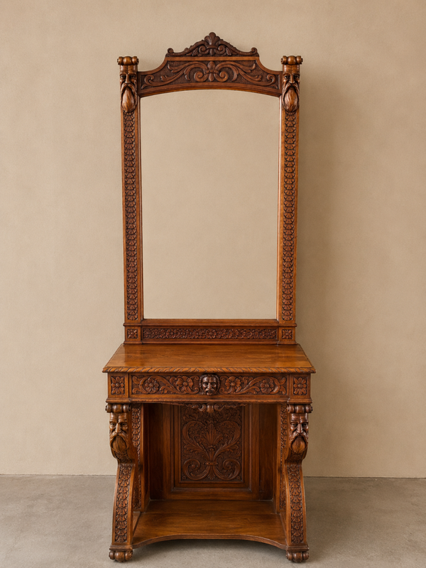 Exceptionnel meuble console  néo-Renaissance sculpté – miroir monumental 2,25 m
