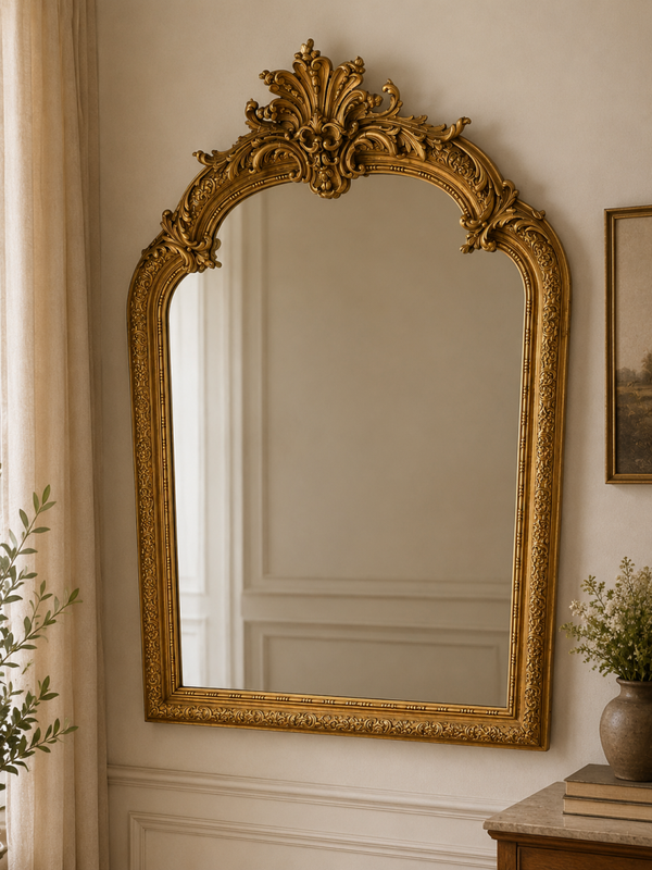 Grand miroir de style Louis XV en bois et stuc doré.