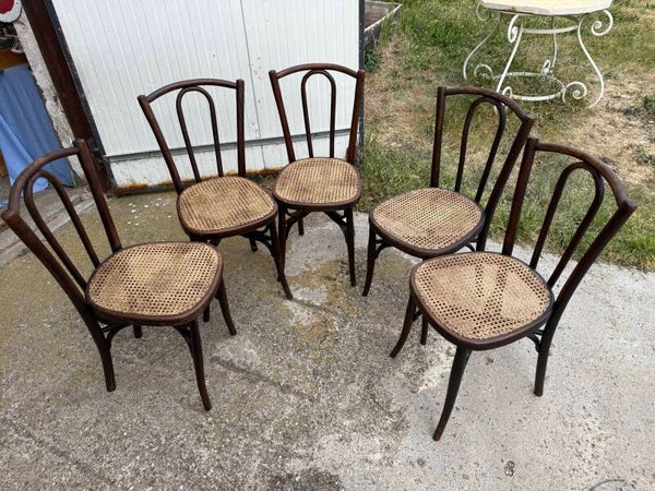 Lot de 5 authentiques chaises bistrot Art Nouveau – Cannage neuf – Style Thonet